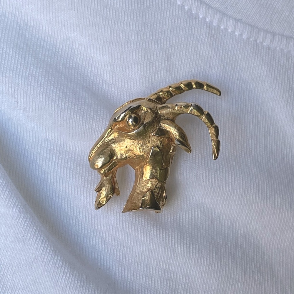 Vintage Retro 1950s De Nicole Brass Horned Goat Pan Brooch Pin Signed Rare